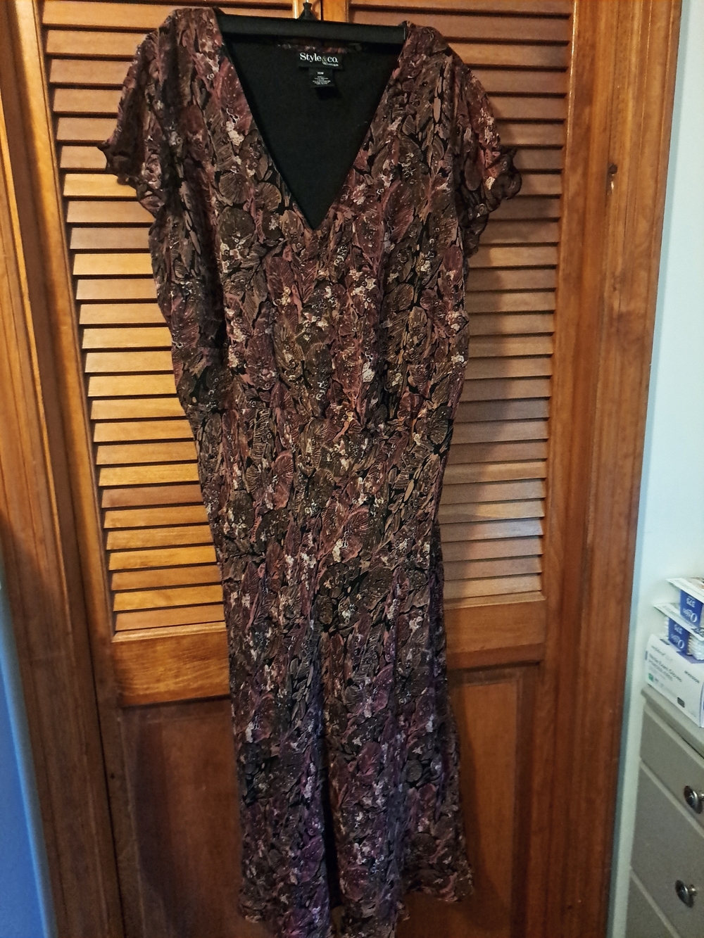 Style & Co. Floral V-Neck Short Sleeve Midi Dress in Brown and Purple